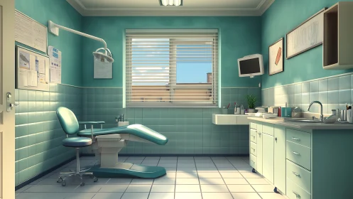 Orderly teal dental clinic interior with empty patient chair.
