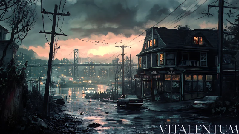 Rain-slicked harbor street hums beneath a brooding neon dusk.