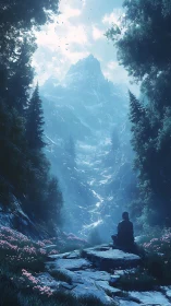 Solitary observer in volumetric-lit alpine ravine vista.