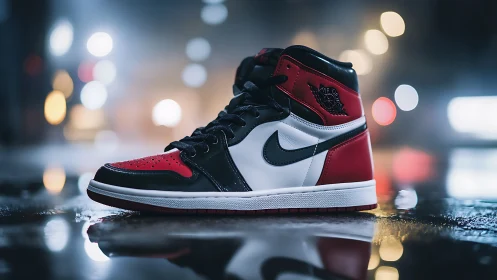 Red and black high-top sneaker glows on wet neon city street