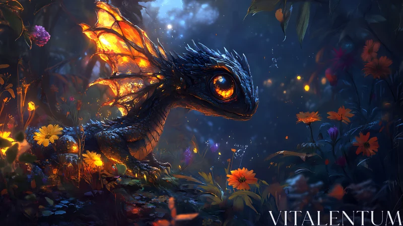 Fire-eyed baby dragon wandering through a midnight bloomscape.
