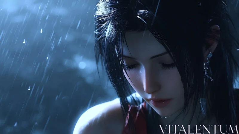 Digital portrait shows pensive woman in rain at night