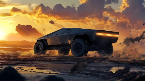 Futuristic off road truck glows against a blazing sunset sky.