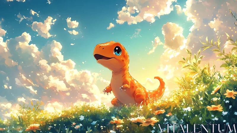 Young orange dinosaur explores a glowing flower meadow at dawn