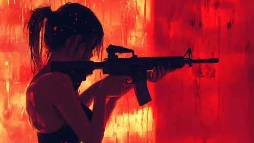 Silhouetted woman with rifle in molten red backlight.
