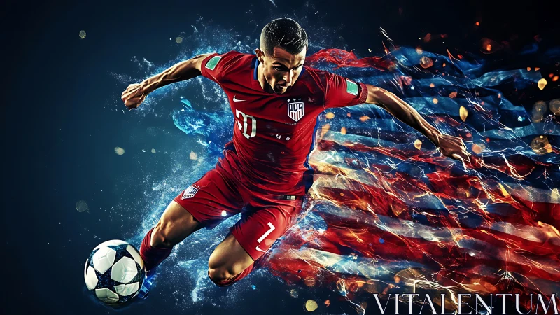 Dynamic US soccer forward with motion trails and flag energy