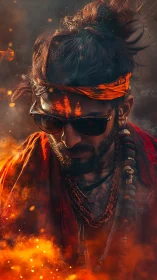 Portrait shows man in orange garments amid controlled fire glow