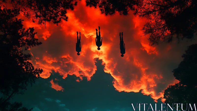 Skywalkers drifting through an upside-down burning dusk.