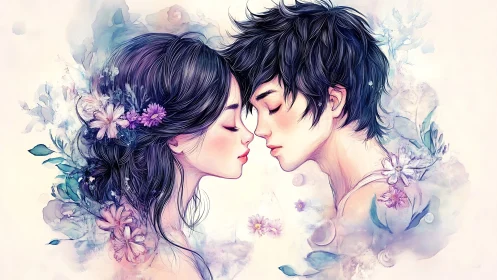 Two figures embrace in dreamy watercolor romance.