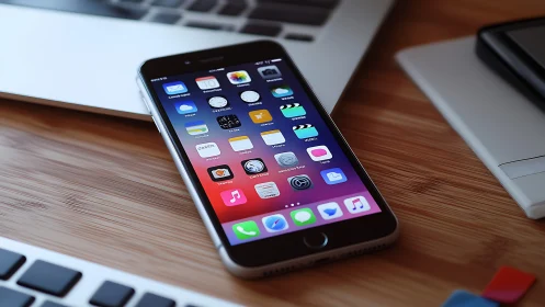 Mobile device home screen interface rendered through contemporary consumer electronics photography.