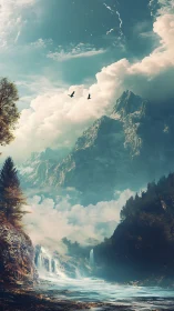 Vertical fantasy landscape with waterfalls and cloud-swept peaks.