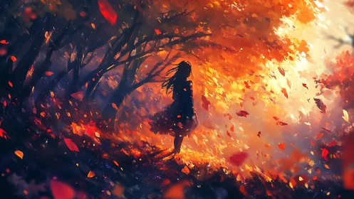 Girl in glowing autumn forest of swirling golden leaves.