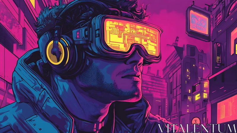 Neon-drenched cyber dreamer scans a glowing future city.