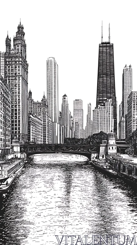 Ink cityscape over river with highrise skyline silhouettes.