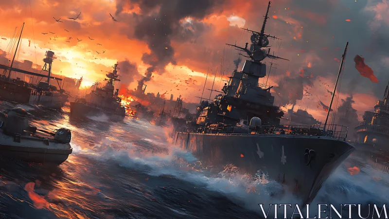 Warships advancing through incendiary harbor assault.