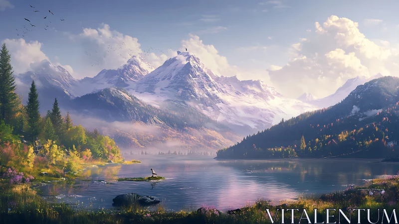 Digital painting of alpine lake, misted valley and peaks.