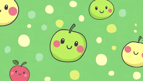 Green background with stylized smiling apples pattern.