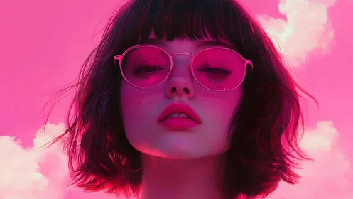 Digital portrait of woman in pink sunglasses on sky background.