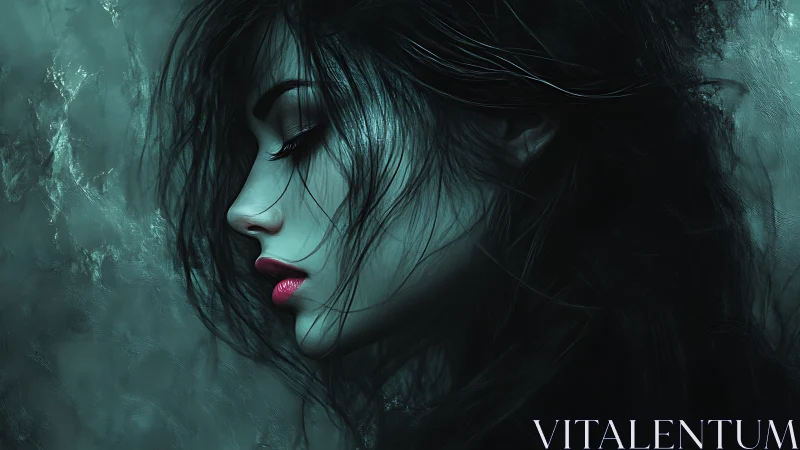 Moonlit profile drifts through teal shadows and velvet silence