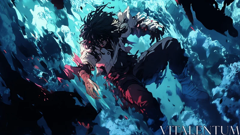 Storm-torn warrior sinking through shattered neon waters.