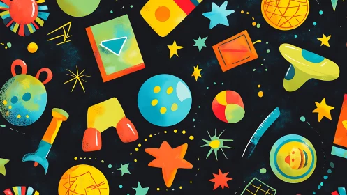 Playful outer space toys float in a joyful cosmic pattern