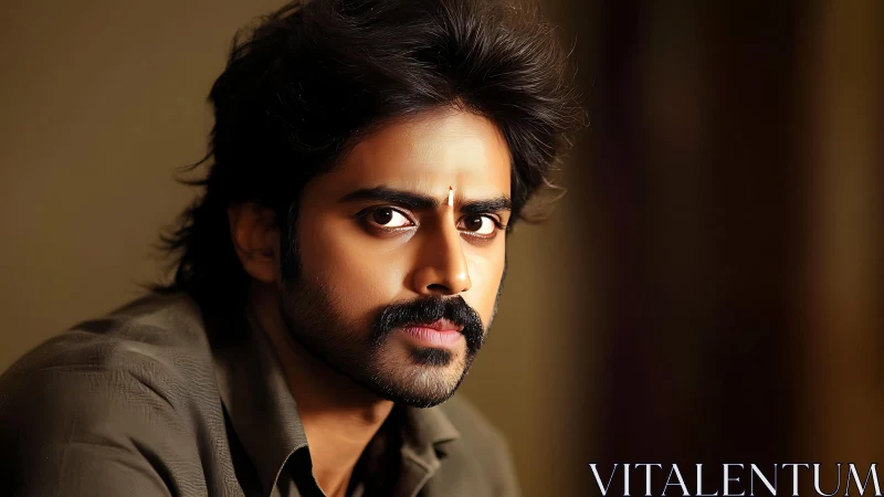 Intense gaze captures a thoughtful man in warm soft light