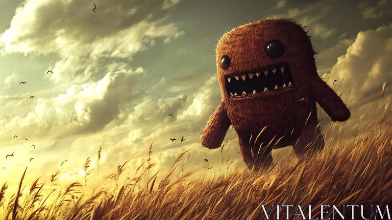 Fluffy monster strides through windswept golden field at dusk.