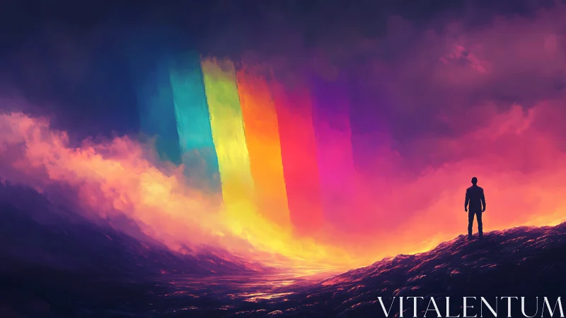 Solitary figure before vertical spectral light bands.