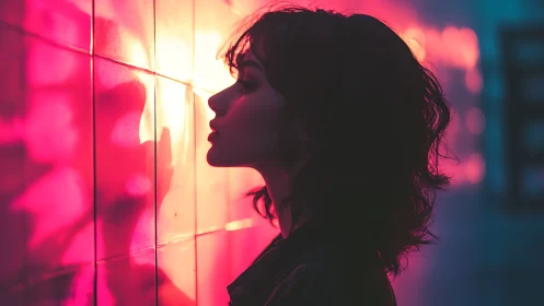 Silhouette of Woman Against Neon Wall in Vibrant Cinematic Style.