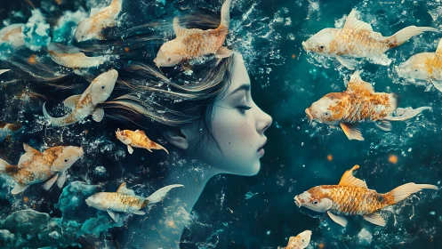 Dreaming girl drifts with golden koi in swirling midnight water.