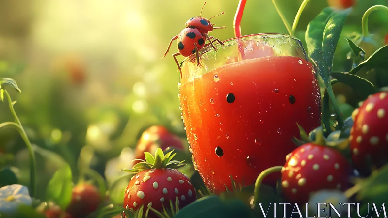 Macro depth-of-field study of strawberry juice glass with ladybug