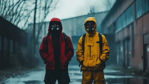 Two masked figures in colored jackets on deserted street.