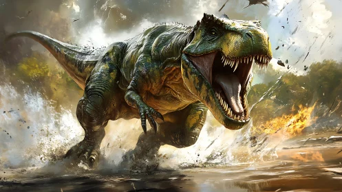 Roaring thunder-lizard charges through flaming primeval chaos.