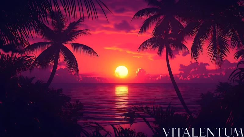 Radiant tropical sunset ignites a tranquil palm-lined horizon.