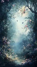 Enchanted Forest Passage with Floating Butterflies and Blooms