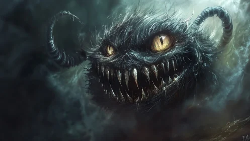 Nightmarish furry monster with glowing eyes and fanged grin.