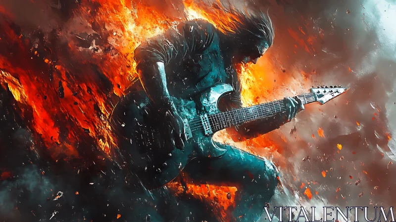 Guitarist silhouette framed by intense flames and smoke.