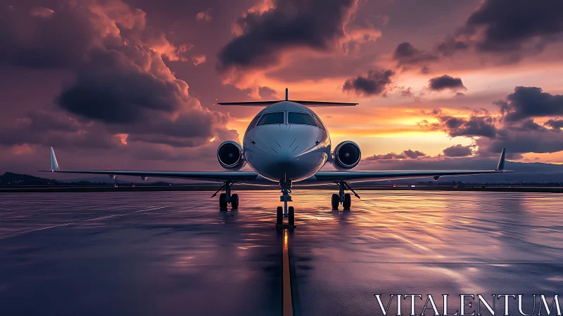 Photorealistic private jet on wet runway at cinematic sunset.