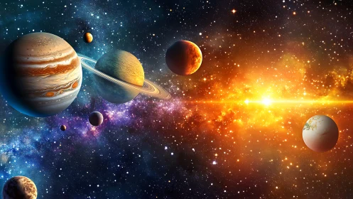 Multi-planetary system with nebular starburst and vivid gas giants