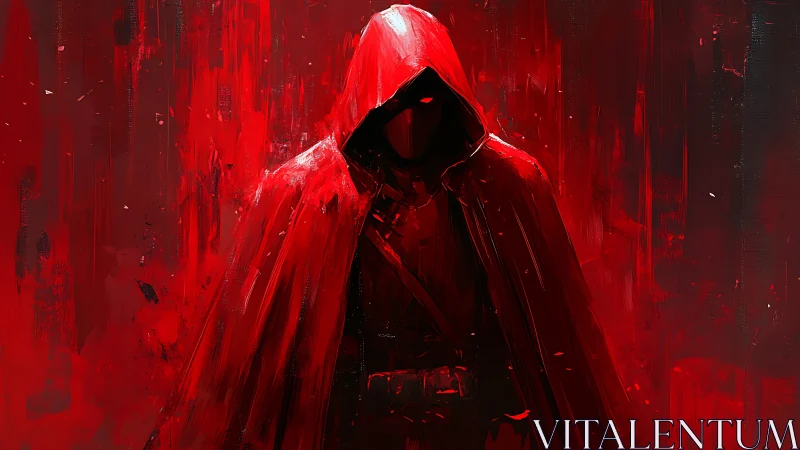 Mysterious red cloaked figure emerging from a vivid haze.