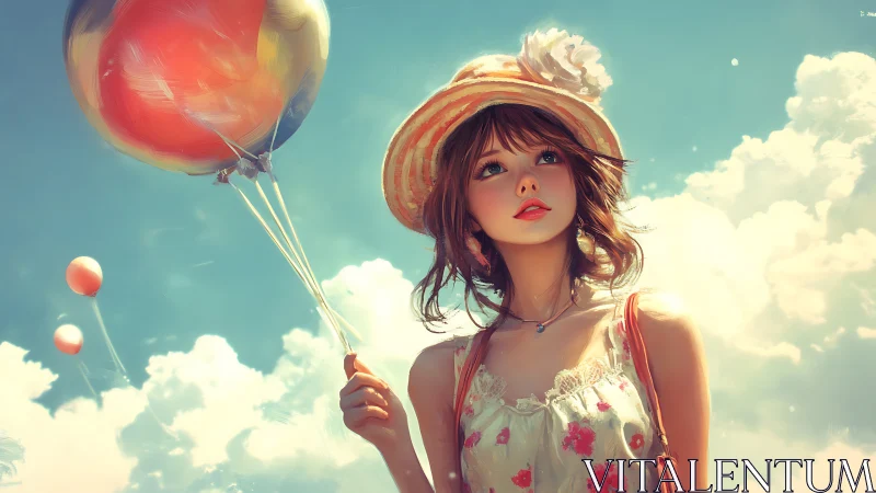 Sunny day dreamer holding bright balloons in the sky.