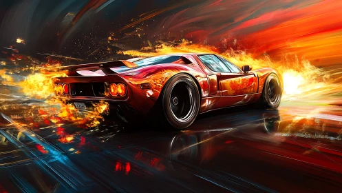 Flaming red supercar tears through blazing neon highway
