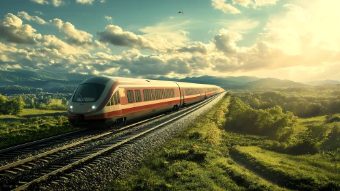 Passenger train moves along double-track railway at sunset light