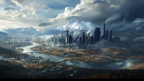 Futuristic alpine megacity rises amid misted river valleys