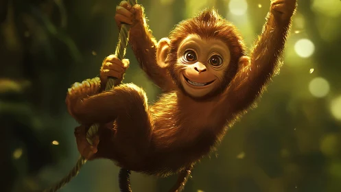 Sunlit baby monkey swings through glowing jungle daydreams.