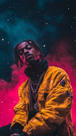 Neon-tinted portrait with cosmic smoke and chromatic contrast.