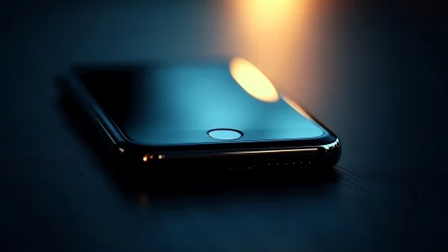 Black smartphone with illuminated display in atmospheric bokeh lighting.
