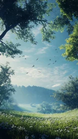 Sunlit valley meadow opens under clear blue morning sky