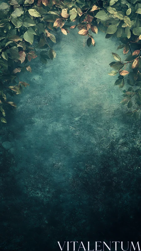 Green leaves framing textured teal background surface.