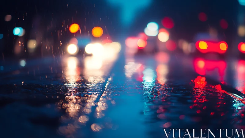 Rain-slicked city pavement turns headlights into liquid stars
